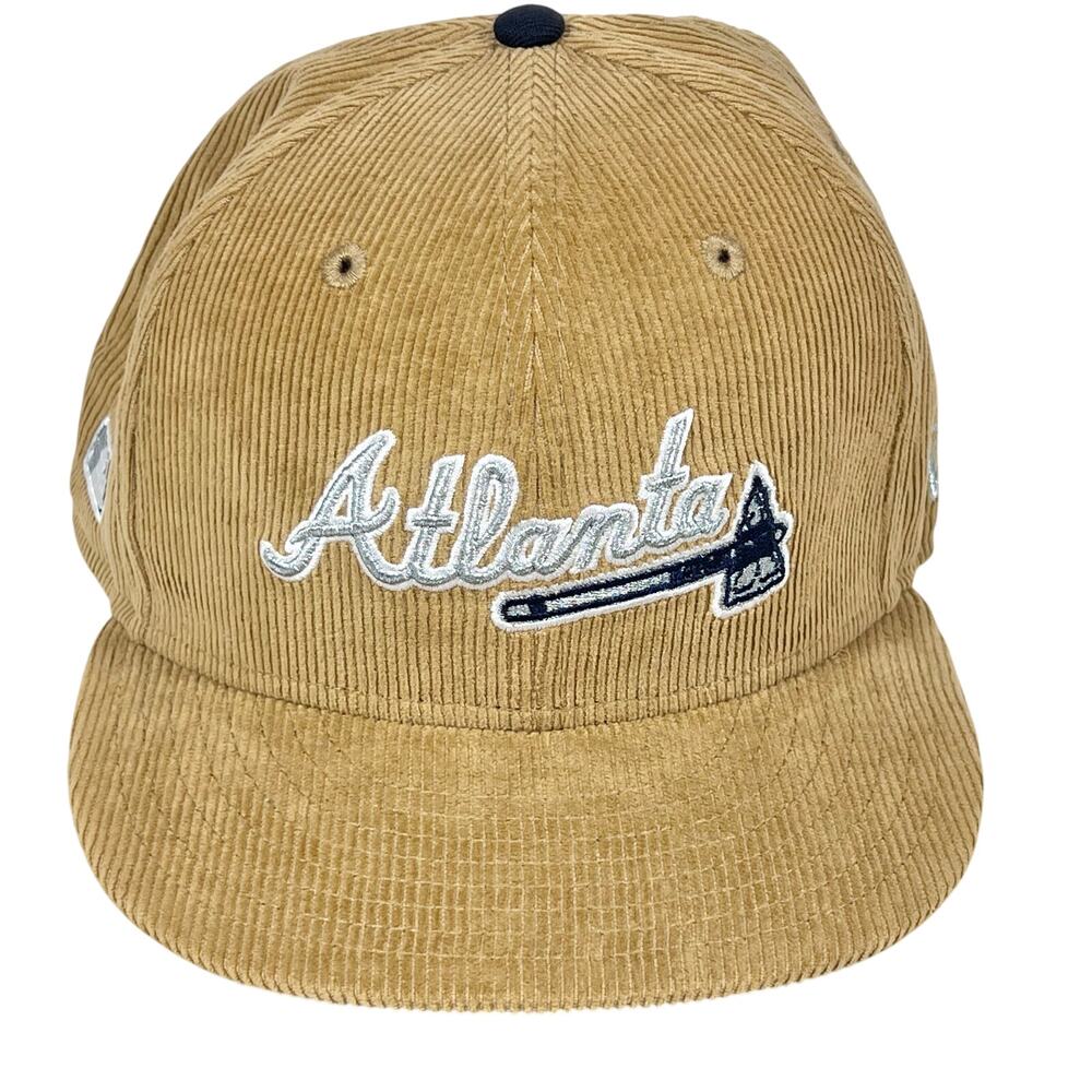 Atlanta Braves Corduroy New Era MLB Fitted Hat 7 3/8 Tan Beige Black New